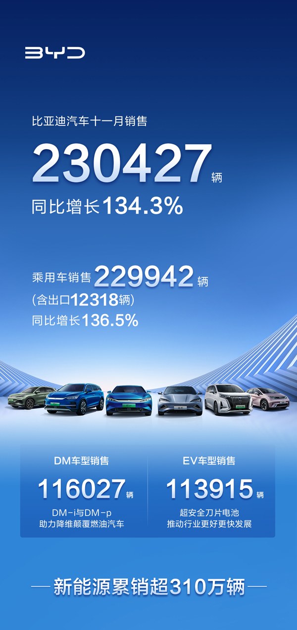 续三月销量破20万！比亚迪汽车11月再创纪录，热销230427辆