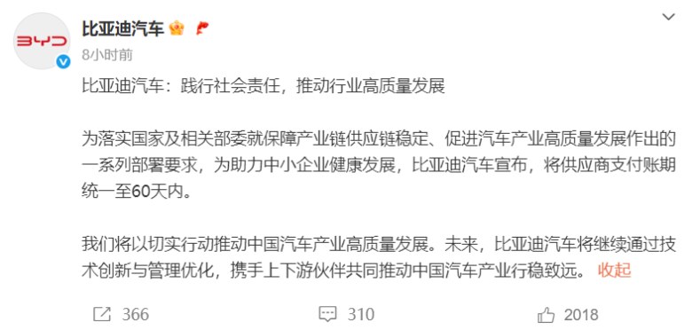 127天→60天！比亚迪凌晨宣布供应商账期承诺