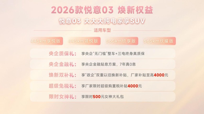 2026款悦意03上市：推20余项配置升级，售价7.98万起