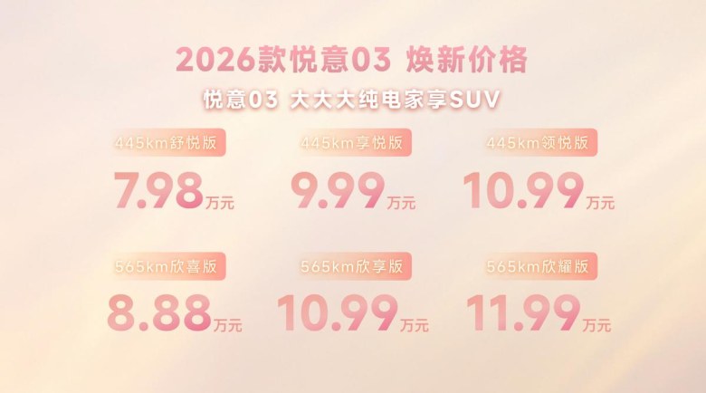2026款悦意03上市：推20余项配置升级，售价7.98万起