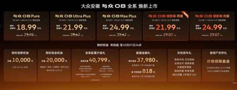 18.99万起，配置直接拉满！大众安徽与众08猎影版暨全系上市