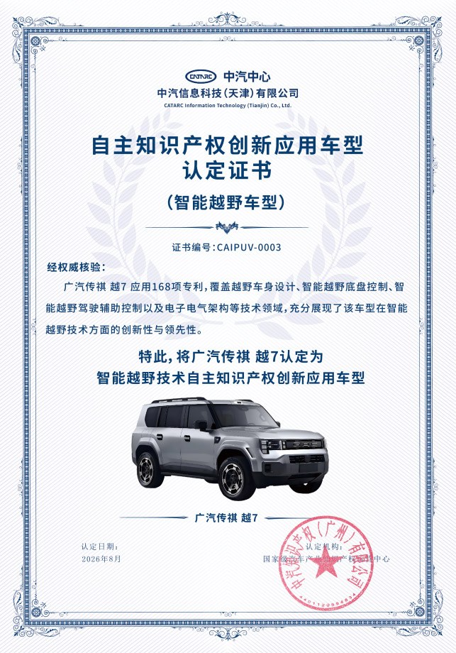 广汽传祺越7荣获智能越野车型《自主知识产权创新应用车型认定证书》